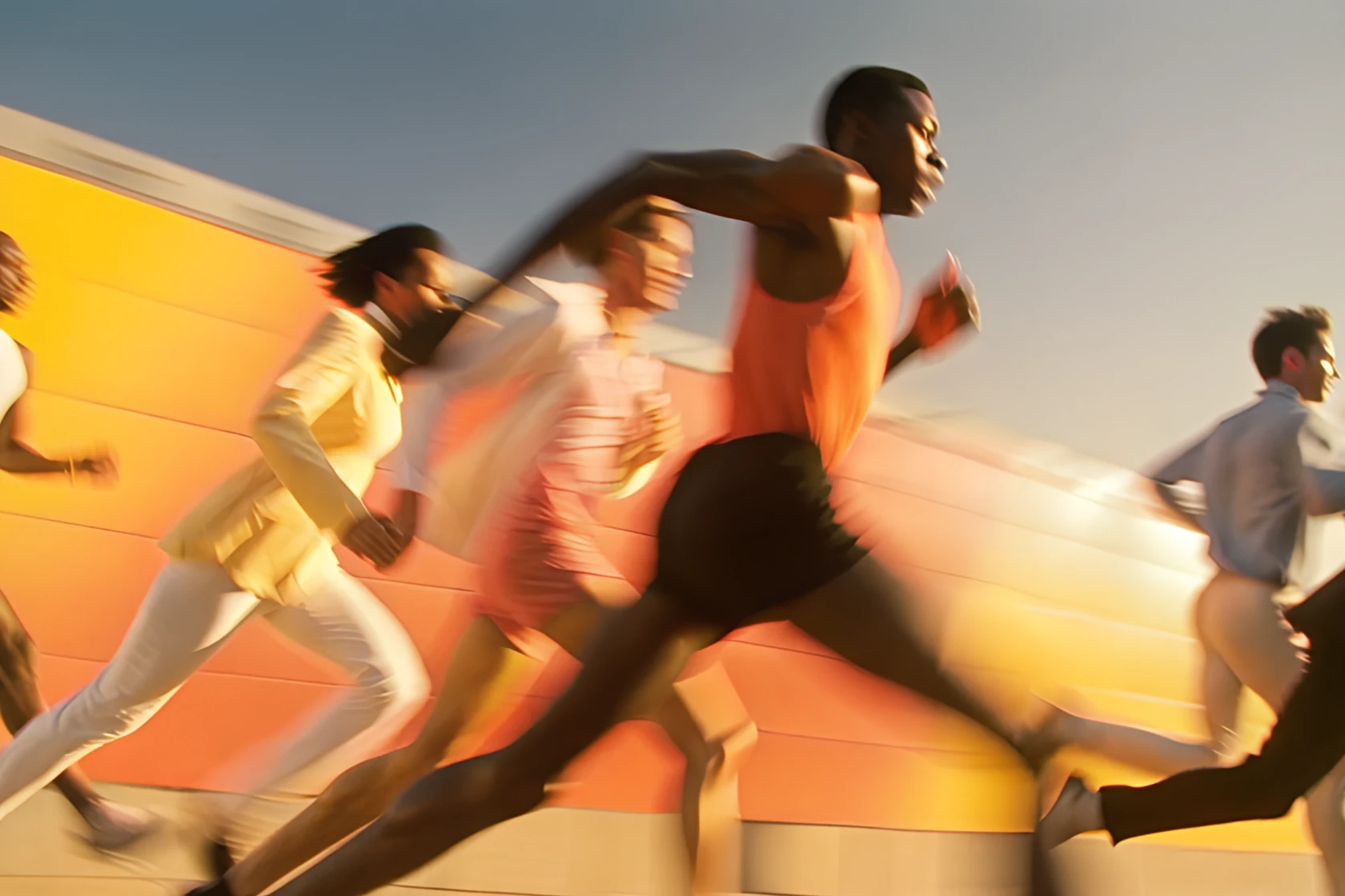 People sprinting past an orange wall at sunset