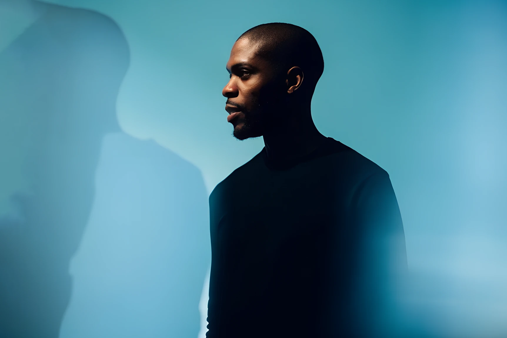Man in profile against a blue backdrop
