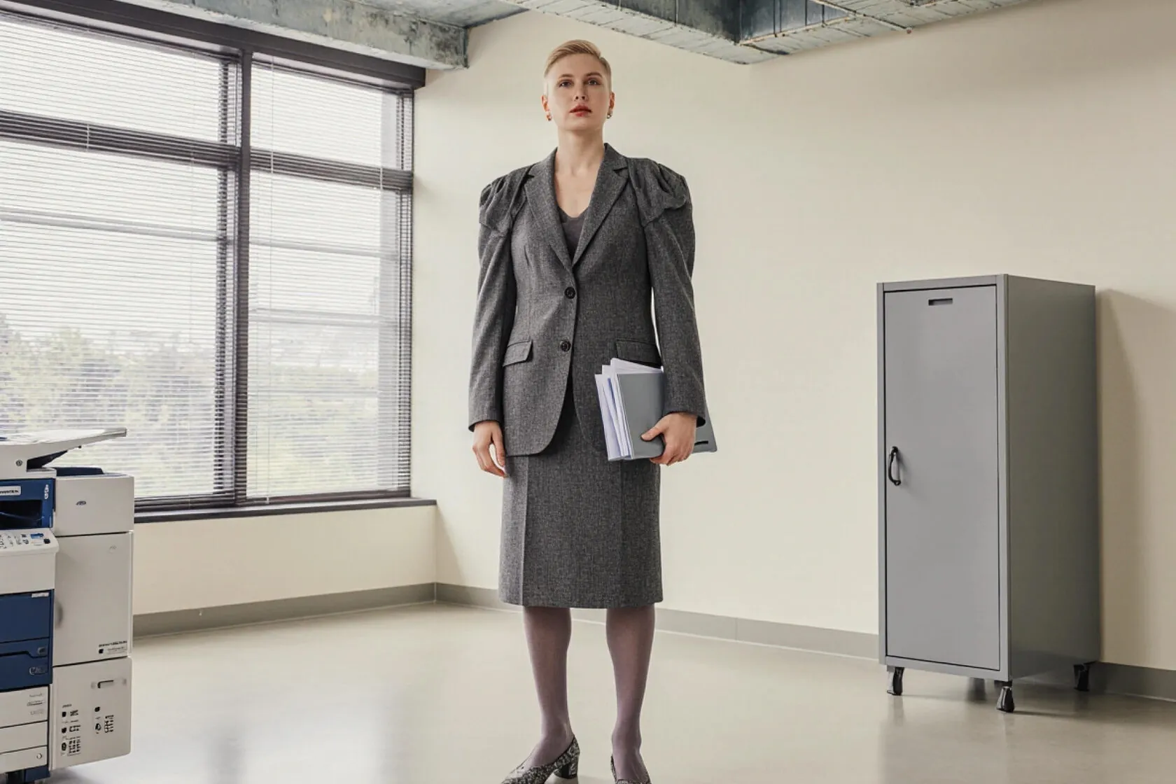 Woman in a grey suit standing in an empty office beside a copier