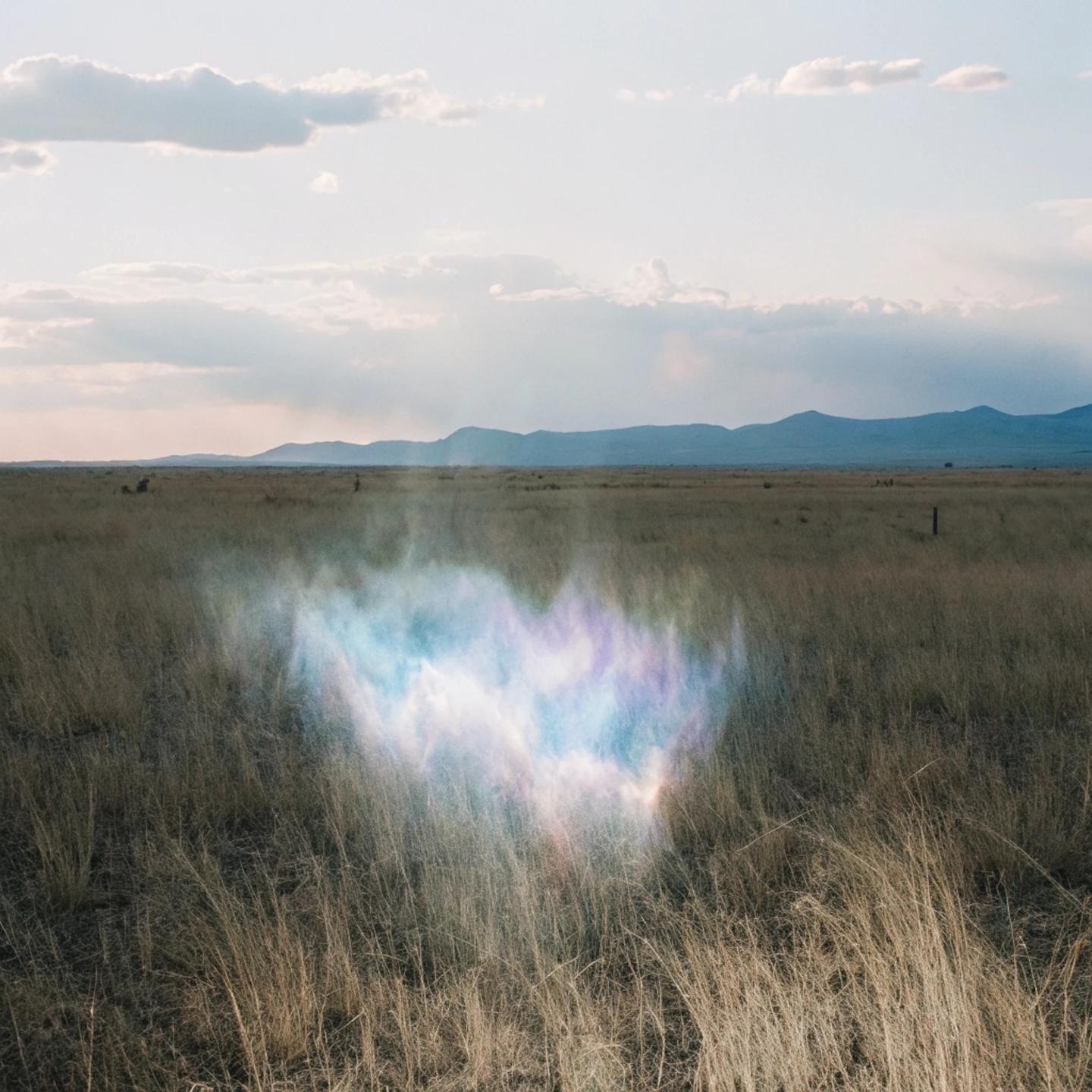 A glowing, colourful haze hovering over an empty grassland