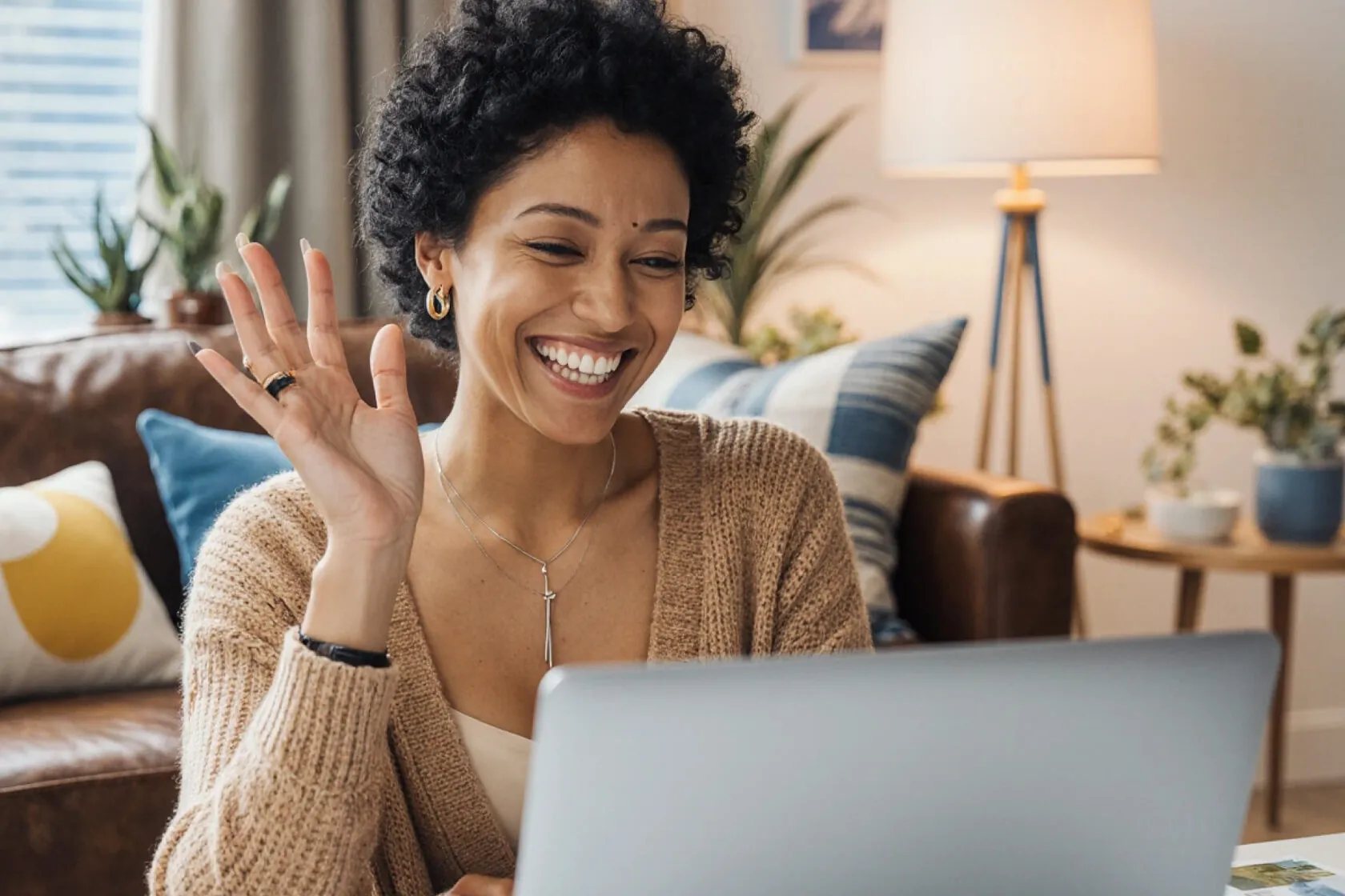 Smiling woman waving at her laptop in a living room