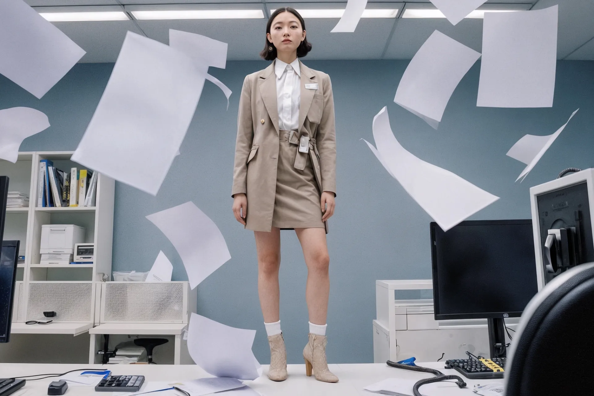Woman standing on an office desk as papers fly around her