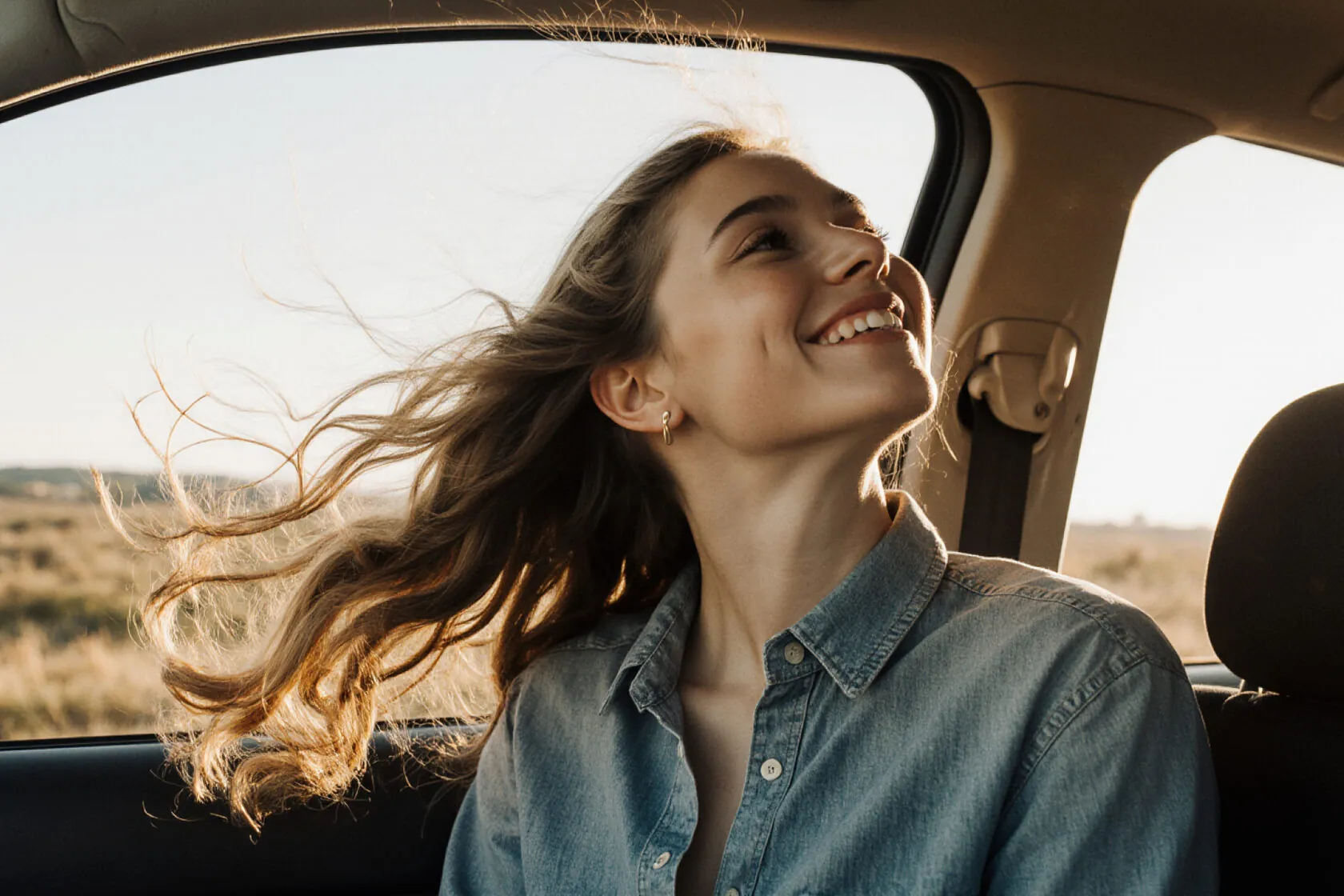 Woman smiling out of a car window, hair blowing in the wind