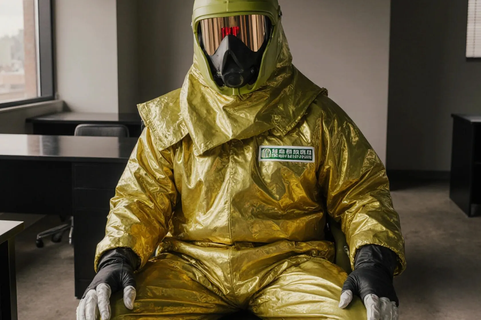 Person in a yellow hazmat suit seated in an office