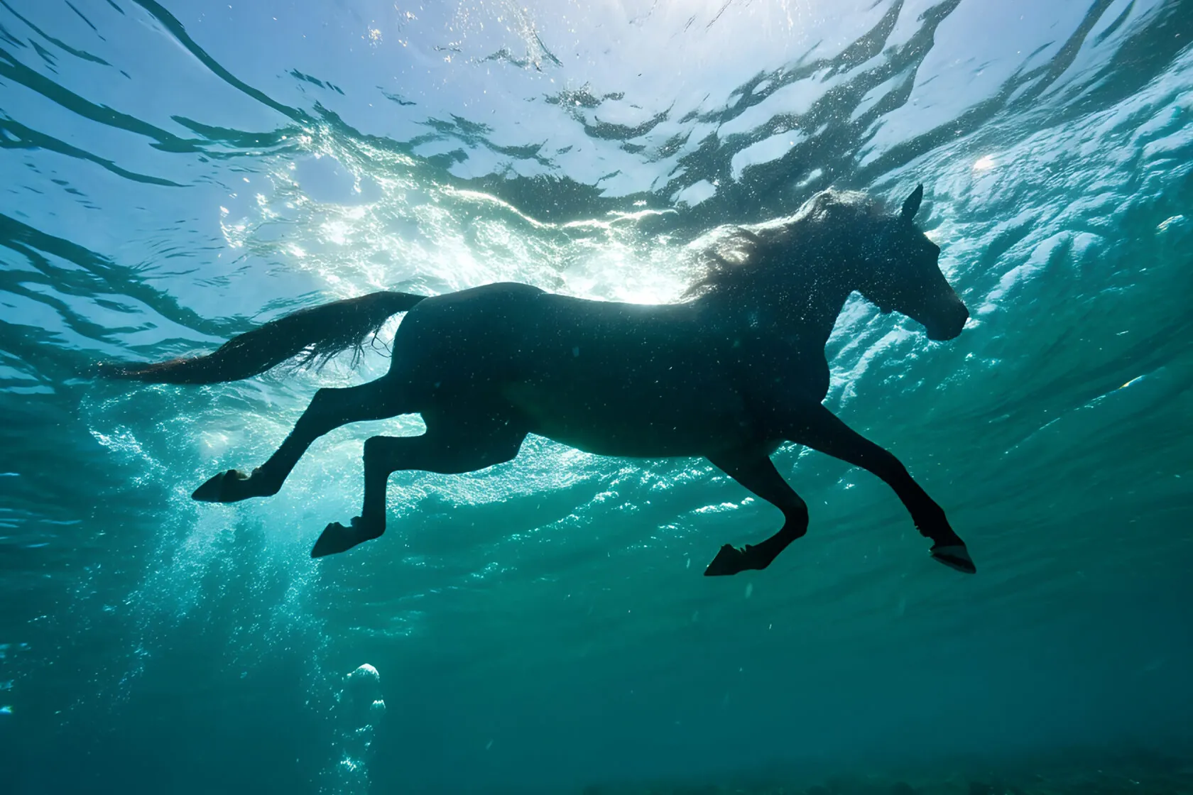 A horse swimming underwater, lit from above