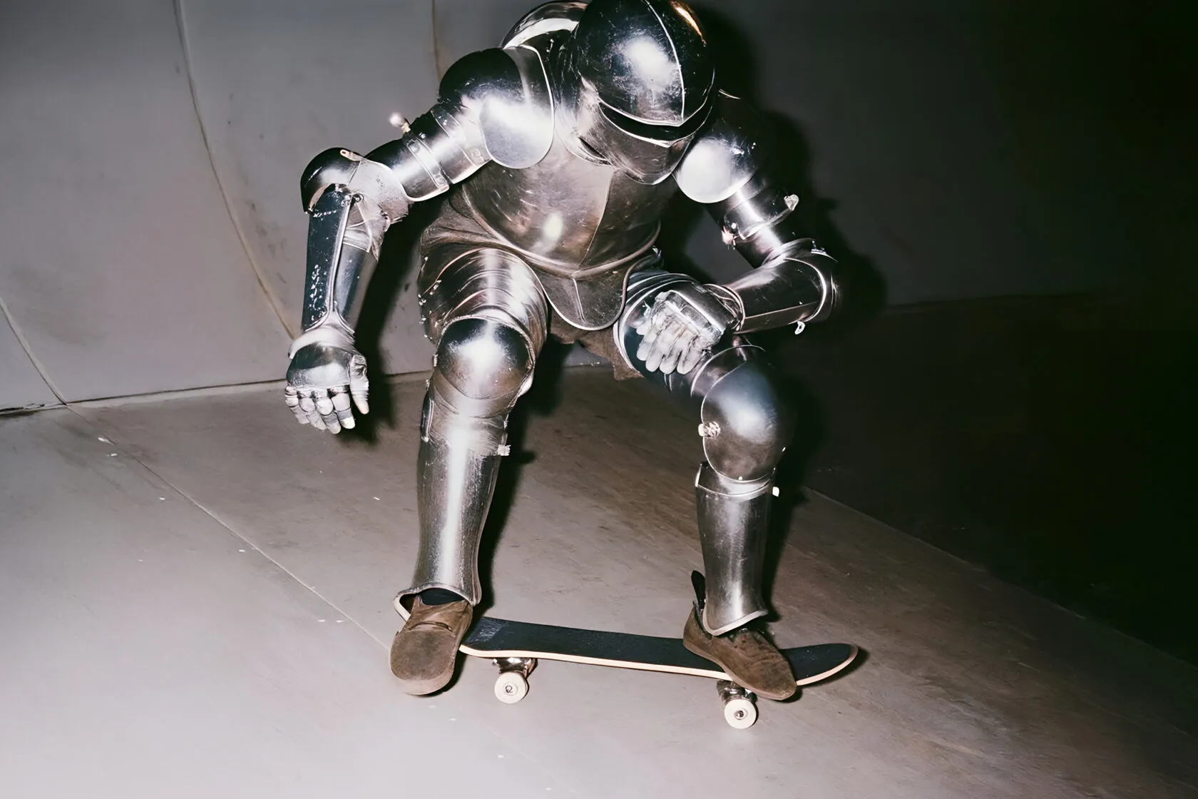 Person in a suit of armour riding a skateboard