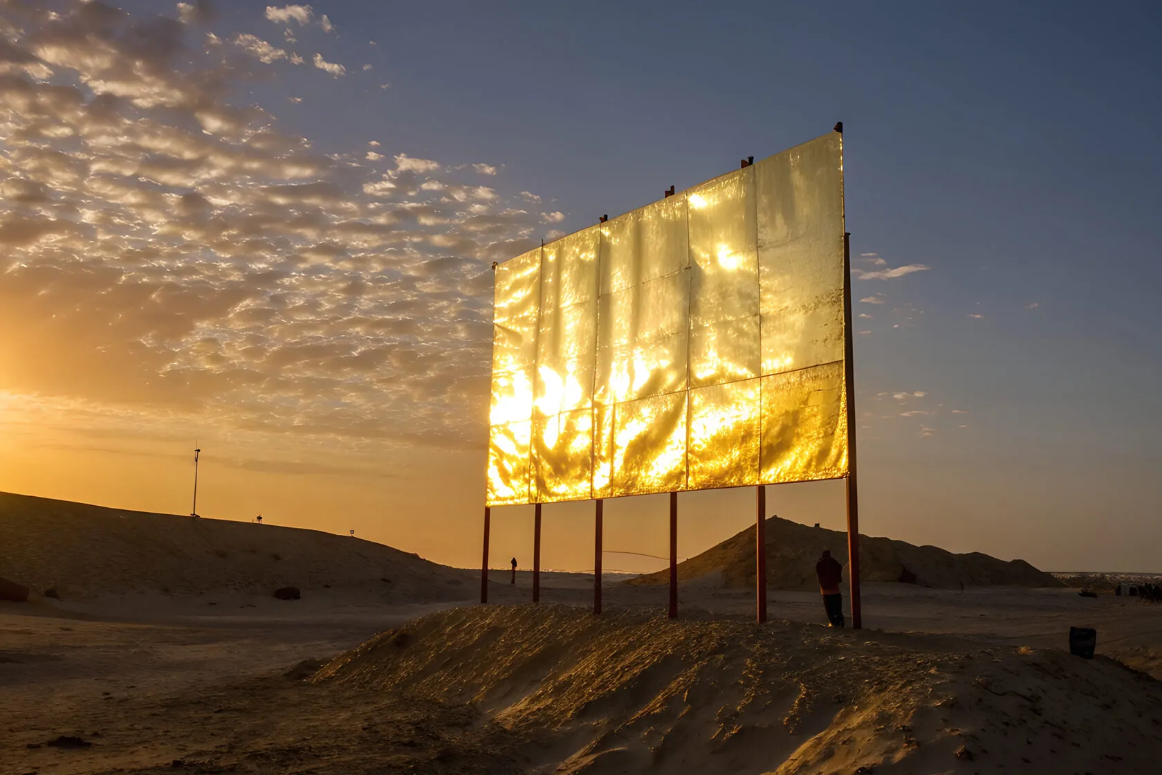 Gold-foil billboard in the desert at sunset