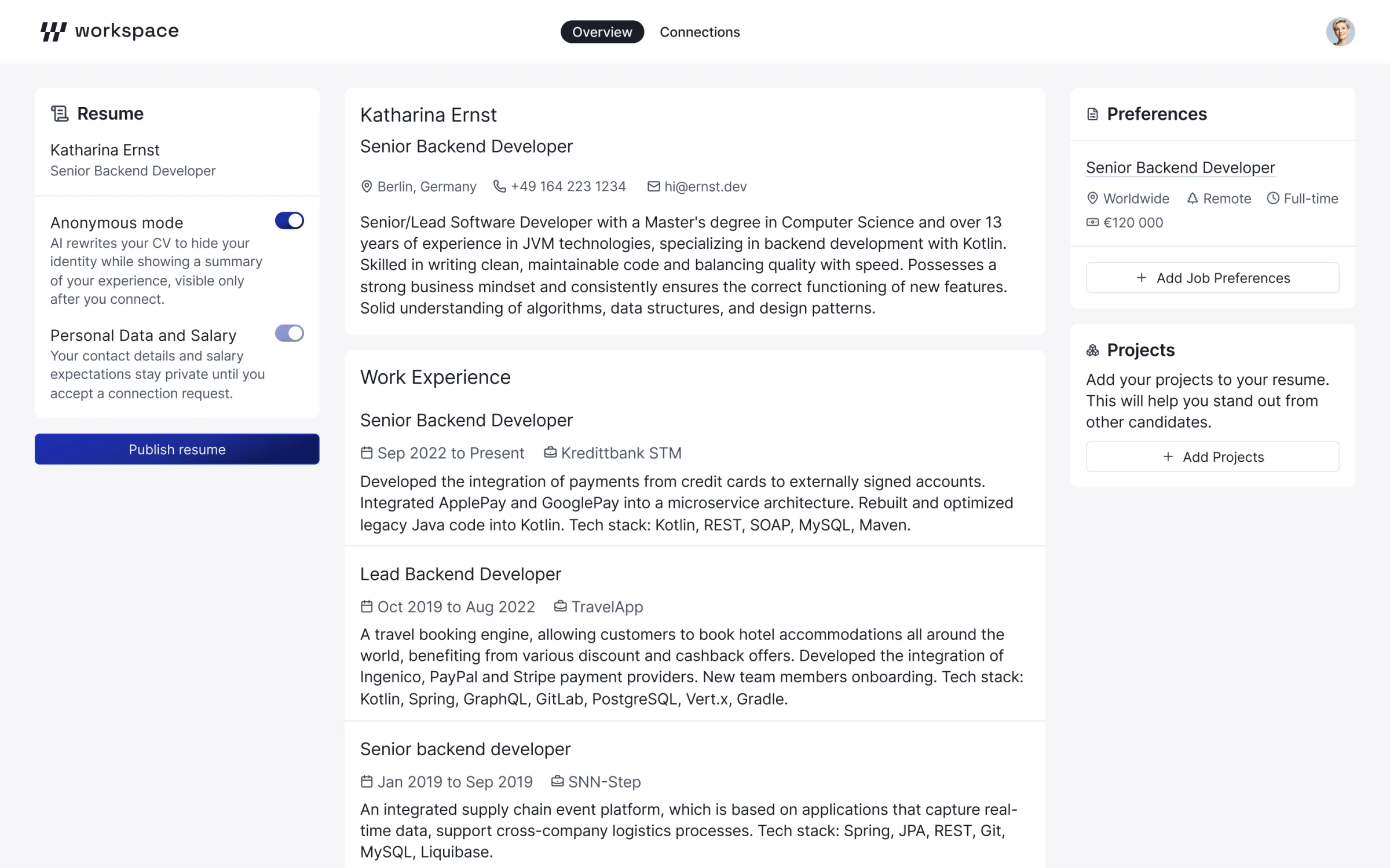 Workspace resume page with anonymous mode and job preferences