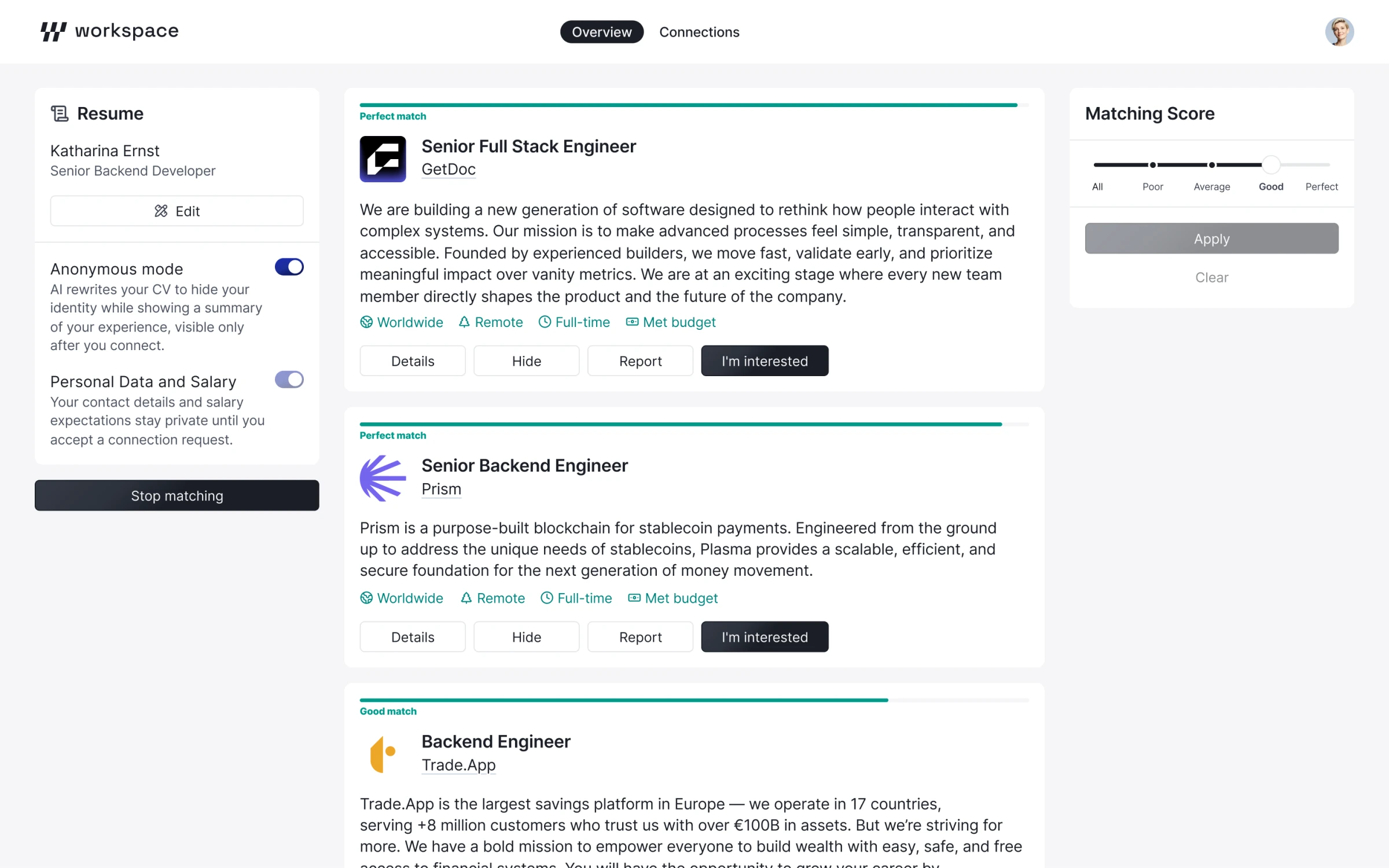 Workspace job matches for a job seeker, each with its match quality